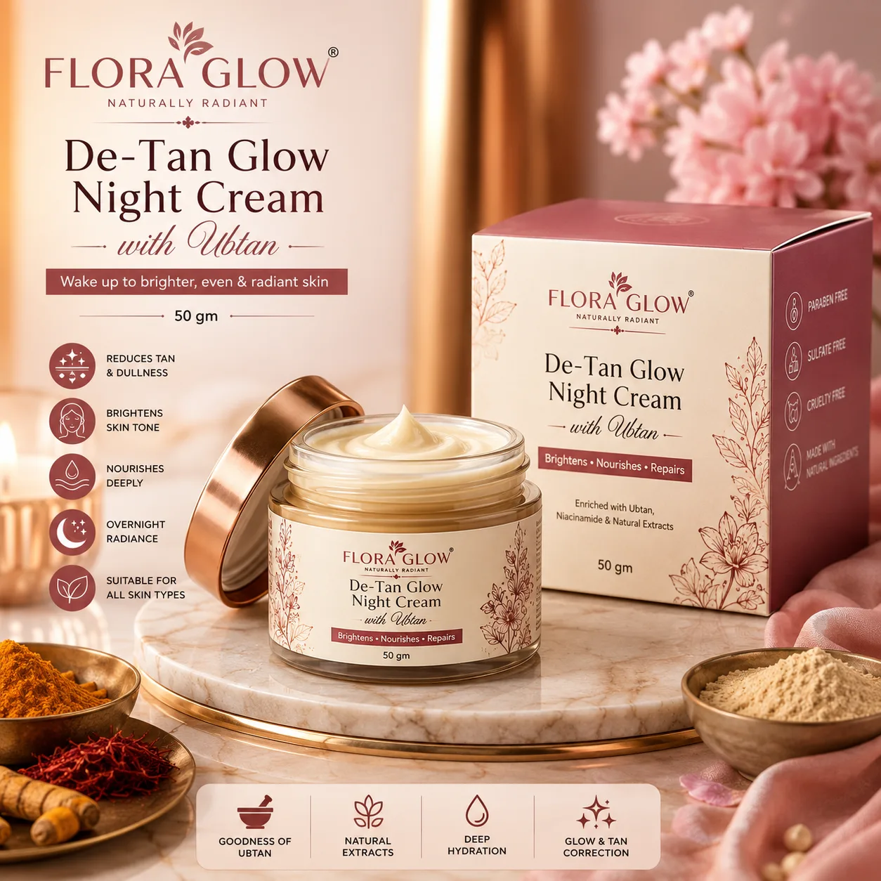Flora Glow De-Tan Glow Night Cream with Ubtan 50 gm for Bright and Glowing Skin